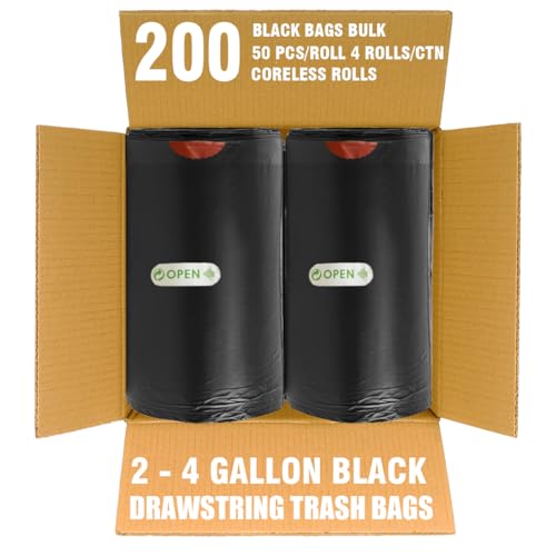 BEIDOU-PAC 2-4 Gallon Trash Bags Drawstring, 200 Count Bulk Value Pack, Black & Unscented Small Multi-purpose Garbage Bags for Business Home Bathroom Kitchen Commercial and Industrial - style: 2-4 Gallon |200 Count(Value Pack)