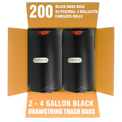 BEIDOU-PAC 2-4 Gallon Trash Bags Drawstring, 200 Count Bulk Value Pack, Black & Unscented Small Multi-purpose Garbage Bags for Business Home Bathroom Kitchen Commercial and Industrial - style: 2-4 Gallon |200 Count(Value Pack)
