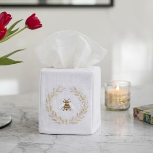 Jacaranda Living Square Tissue Box Cover, Linen/Cotton Fabric Tissue Holder, Decorative Cloth Tissue Cube Cover, Embroidered Bee Designs, Napoleon Bee Wreath (Beige) - color: Napoleon Bee Wreath (Beige)