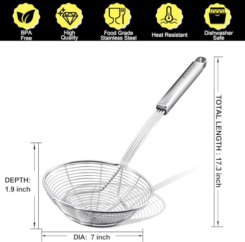 Anaeat Stainless Steel Spider Strainer Skimmer - Solid Kitchen Strainer Ladle with Long Handle for Cooking and Frying, Reinforced Double Coil Slotted Spoons for Pasta, Noodle, Spaghetti (7 Inch) - color: 7" Double Coil Skimmer