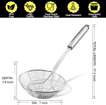 Anaeat Stainless Steel Spider Strainer Skimmer - Solid Kitchen Strainer Ladle with Long Handle for Cooking and Frying, Reinforced Double Coil Slotted Spoons for Pasta, Noodle, Spaghetti (7 Inch) - color: 7" Double Coil Skimmer