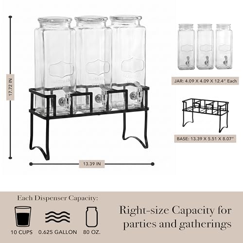 Circleware Triple XL Tall Yorkshire Beverage Drink Dispensers with Black Lids and Black Metal Stand, 2.3 L, Clear