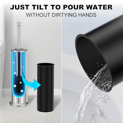 Silver Toilet Brush and Holder，Long Handled Gold Toilet Brush for Bathroom，Stainless Steel Heavy Duty Toilet Bowl Brush,Removable Inner Bowl,Deep Cleaning Dense Bristles Cleaner Brush -Space Saving - color: Silver