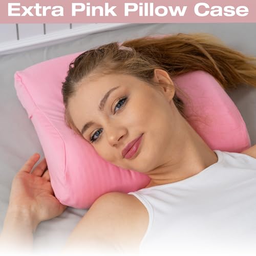 alkamto Travel & Camping Comfortable Memory Foam Pillow – Easy to Carry Portable Bag – Temperature Regulating Pillow Case - size: 13.7 x 11.8 x 3.9 / 3.14 In - Pink + Extra Cover