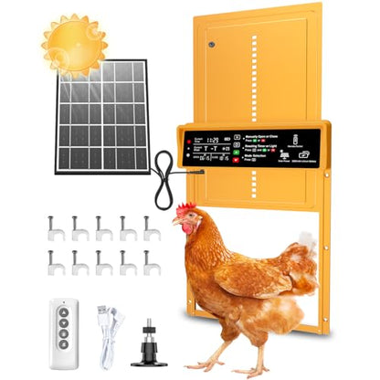 Automatic Chicken Coop Door Solar Powered with Timer & Light Sensor, Pet Deluxe Chicken Door with 7W Solar Panel, Anti-Pinch Safety, 10PCS Wire Clips and Aluminum Alloy, Long-Range Remote - Gold - color: Gold