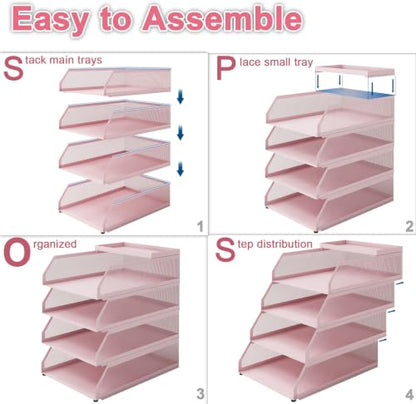Natwind 4-Tier Stackable Metal Mesh Desk Paper Tray Organizer,Pink - color: Pink, size: 4 tier