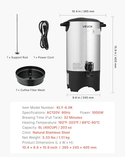 VEVOR Commercial Coffee Urn, 40 Cup 6 L Hot Beverage Dispenser with Dripless Faucet, Quick-Brewing Commercial Coffee Maker, with Stainless Steel Liner, for Catering, Business, Church & Restaurant - size: 40Cup
