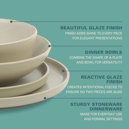 Gibson Elite Tribeca Loft 16-Piece Dinnerware Set – Matte Cream and White Reactive Glaze Stoneware, Double Bowl Round Plates and Bowls – Modern Neutral Tableware for 4, Dishwasher & Microwave Safe - color: Matte Cream & White (Tribeca Loft)