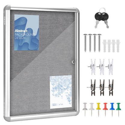 38"x28" Enclosed Bulletin Board Tamper-Proof Dispaly Case, Grey Fabric - color: Silver Frame / Grey Felt, size: 38" x 28"