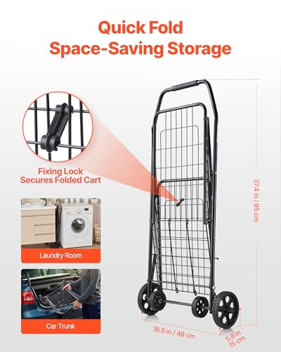 VEVOR Shopping Cart, Folding Grocery Utility Cart with Swivel Wheels, 90 LBS Large Load Capacity, Heavy Duty Rolling Laundry Basket Butler for Laundry, Shopping, Camping, Grocery, Luggage, Black - size: Small
