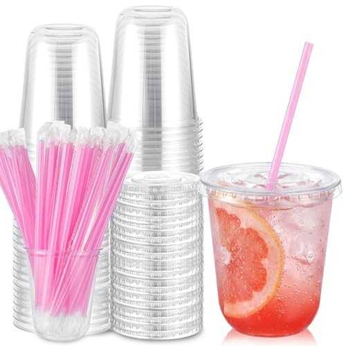 Ziliny 50 Pack 14 oz Plastic Cups with Lids Straws Iced Coffee, Pink - color: Pink, size: 14 oz