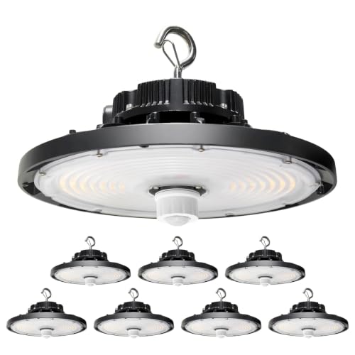 Integrated UFO Led High Bay Light with Motion Sensor, 240W, 36000LM, 0-10V Dimmable, 120-277V Hardwired Industrial and Commercial High Bay Led Shop Lights, UL&DLC - size: 240W-8PK