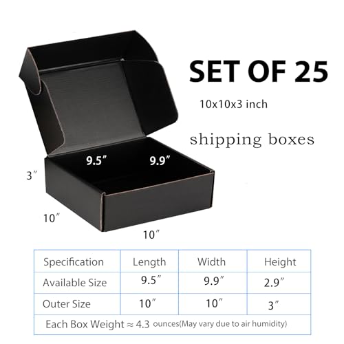 10x10x3 Black Shipping Boxes for Small Business, Packing, 25 Pack - color: Black, size: 10x10x3 Inch