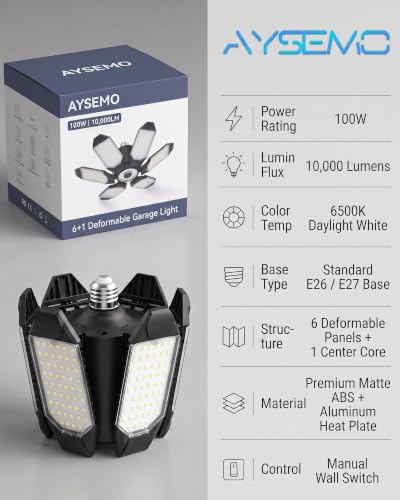 100W LED Garage Lights, 10000LM Super Bright Garage Light Bulb with 6 Deformable Panels, E26/E27 Screw in Shop Lights for Garage, Ceiling LED Lighting for Workshop, Basement, Barn - size: Standard Manual Switch