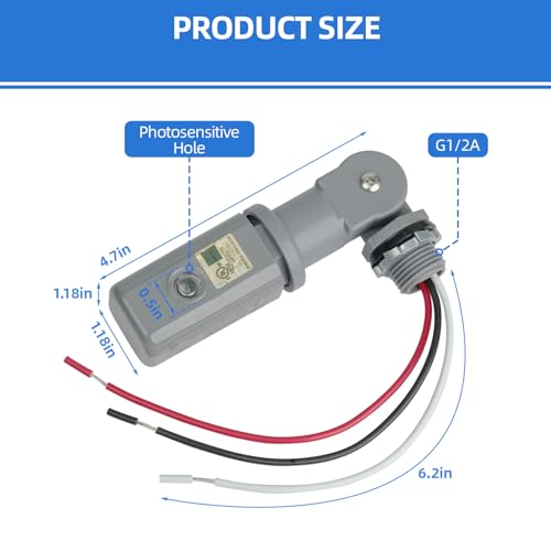 1 Pack Photocell Sensor for Outdoor Lights, 120-277VAC Wide Voltage, 50/60 Hz Dusk to Dawn Photocell Switch, IP54 Waterproof for High Power Loads in Commercial or Industrial