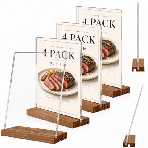 8.5x11 Acrylic Sign Holder with Wooden Base 4 Pack Adjustable Vertical/Tilt - color: Warm Brown, size: 8.5"x11"