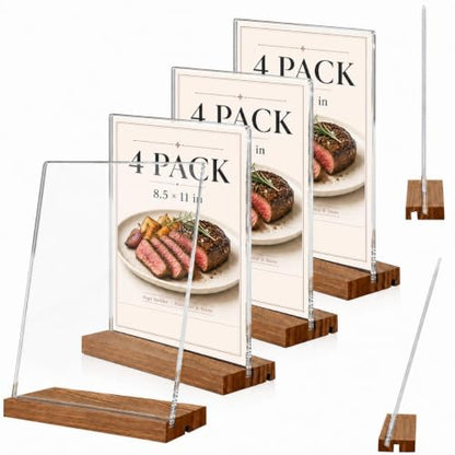 8.5x11 Acrylic Sign Holder with Wooden Base 4 Pack Adjustable Vertical/Tilt - color: Warm Brown, size: 8.5"x11"