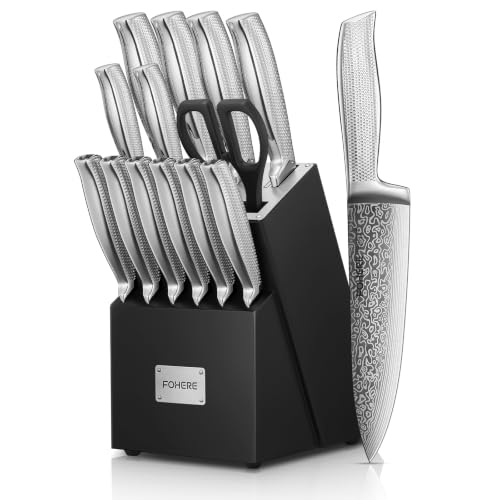 Knife Set, FOHERE 14 Pieces Kitchen Knife Set with Built-in 5 x Sharpeners, Waved Texture Knife Set with Block, Stainless Steel Knife Block Set, Sharp Knives Set with Ergonomic Handle - size: 14