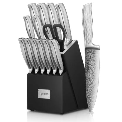 Knife Set, FOHERE 14 Pieces Kitchen Knife Set with Built-in 5 x Sharpeners, Waved Texture Knife Set with Block, Stainless Steel Knife Block Set, Sharp Knives Set with Ergonomic Handle - size: 14
