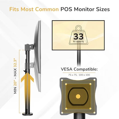 Mount-It! POS Monitor Mount for Retail Checkout & Reception Counters - Extra Tall Height Adjustable Pole with Secure Bolt-Down Base, VESA 75x75 & 100x100 Compatible - Fits 13–32” Monitors, 33 lbs - style: 20-32.3 Inches