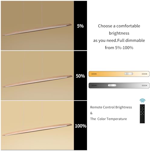 YISDESIGN 59" 40W Wood LED Linear Pendant Light Fixture Led Dining Room Light Dimmable Hanging Light Fixture for Dining Room Kitchen Island Pool Table Lights Natural Ash - color: Natural Ash, size: 59in
