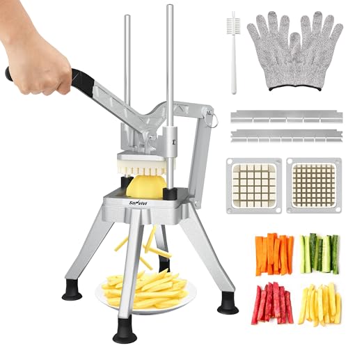 Sunvivi Commercial French Fry Cutter, Heavy Duty Potato Slicer with 2 Replaceable blades (1/2 & 3/8 Inch), Professional Fries Cutter for Potatoes, Carrots, Cucumber, Onion, Yam, Stainless Steel - size: Extra-Large-Heavy-duty 3 corners