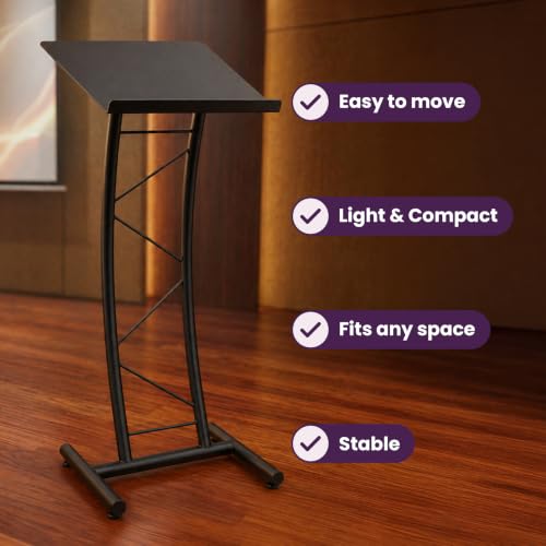 Kingdom KML8CB All Metal-Constructed Curved Lectern with “H” Style Base, Stand up Church Pulpit, Slanted Lectern, Conference Podium for Speakers, Speeches, Other Occasions, Powder Coat Finish Black - size: Design 02