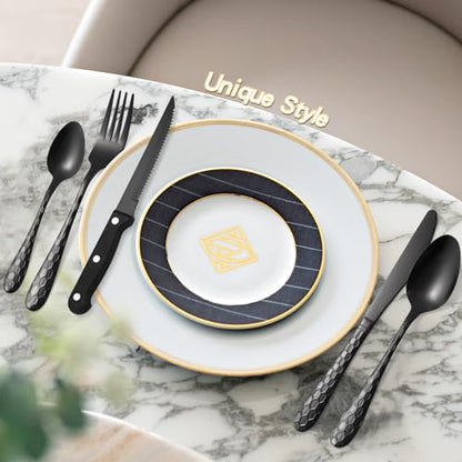 30 Pcs Black Hammered Silverware Set Service for 6,with Steak Knives Stainless Steel Flatware Set,Mirror Cutlery Utensil,Durable Kitchen Tableware,Ripple Teardrop Fork Knife Spoon,Dishwasher Safe - color: 12SLF-30pc/Steak Knives-Black