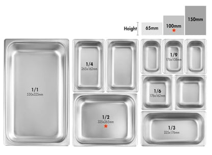 New Star Foodservice 1/2 Size Stainless Steel Steam Table Pan, 12.8 x 10.5 x 4.0 Inches, 18/8 Stainless Steel, 24 Gauge, NSF Certified (Set of 6) - size: 1/2, style: 4" Deep