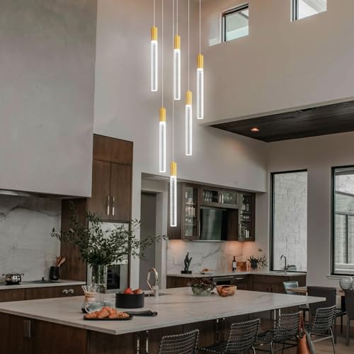Luxury 6 Light Modern Crystal Pendant Light - 71" High Ceiling Gold LED Dimmable Pendant Light for Bedside Island Kitchen Living Room - color: Gold, size: 6-Light