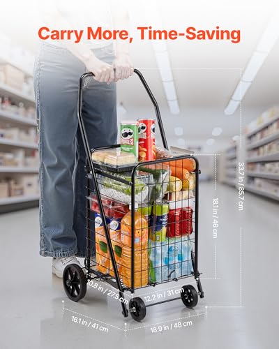 VEVOR Shopping Cart, Folding Grocery Utility Cart with Swivel Wheels, 90 LBS Large Load Capacity, Heavy Duty Rolling Laundry Basket Butler for Laundry, Shopping, Camping, Grocery, Luggage, Black - size: Small