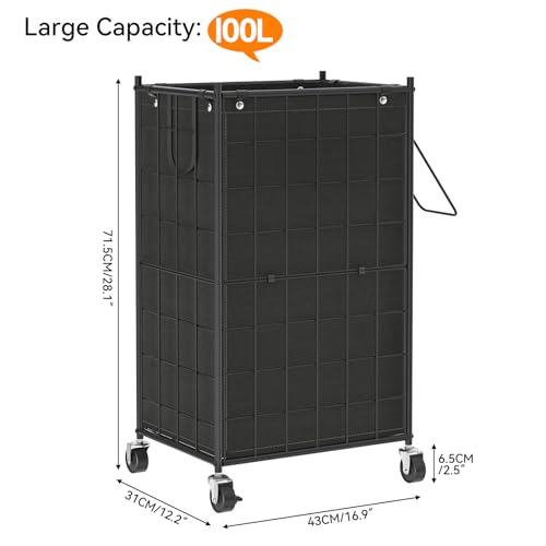 WOWLIVE Rolling Laundry Basket, Metal Wire Frame Laundry Hamper with Wheels - color: Black, size: 100l