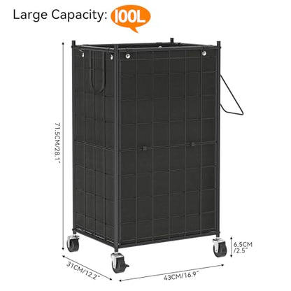 WOWLIVE Rolling Laundry Basket, Metal Wire Frame Laundry Hamper with Wheels - color: Black, size: 100l