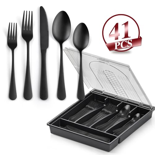 41-Piece Black Matte Silverware Set with Drawer Organizer, SANLUNS Stainless Steel Flatware Cutlery for 8 Utensil Set for Home Restaurant, Tableware Includes Knife Fork Spoon Set Dishwasher Safe - color: Matte-Organizers-Black