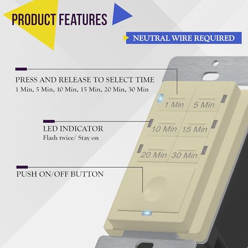 ENERLITES Countdown Timer Switch for bathroom fans and household lights, 1-5-10-15-20-30 Min Settings with Manual Override, Always On Blue LED, Neutral Wire Required, UL Listed, HET06A-R-I, Ivory - color: Ivory, size: 30 Min