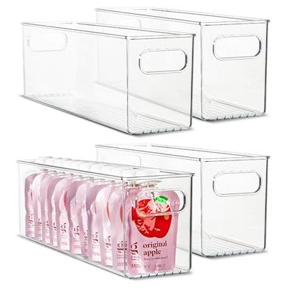 Plastic Food Storage 4 Pack Clear Container Bin with Handles for Organizing Kitchen, Pantry, Fridge, Freezer, Pantry,Bathroom. 16"x4"x5" - size: 16x4x5