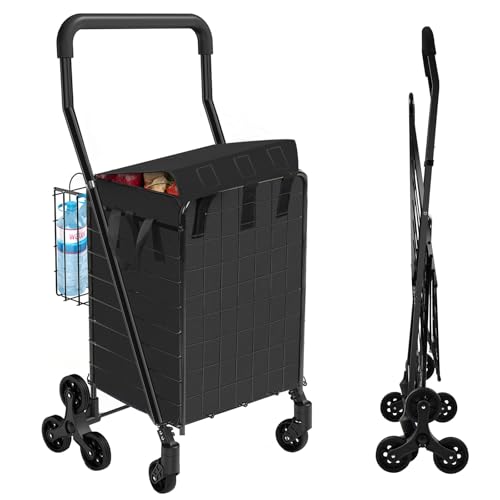 Folding Shopping Cart with Waterproof Liner, Heavy-Duty Stair-Climbing Grocery Cart with 360° Swivel Wheels - Extended Foam Handle - Utility Trolley for Laundry, Travel, Shopping (Black) - size: Stair-Climbing Medium+Black Bag