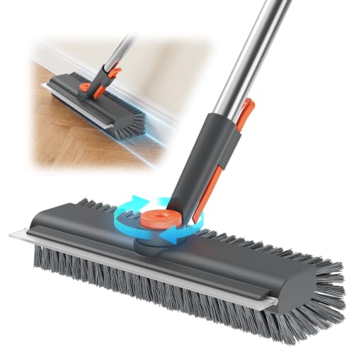 Floor Scrub Brush with Long Handle & Squeegee, 3 in 1 Floor Scrubber - color: Gray