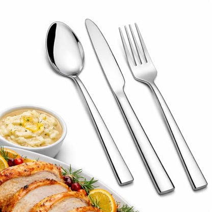 18-Piece Stainless Steel Silverware Set for 6, Mirror Polished Flatware Set Includes 6 Dinner Knives, 6 Dinner Forks & 6 Dinner Spoons, Dishwasher Safe Cutlery Set for Home Kitchen Restaurant - size: 7.9-9.1inches silverware set 18P