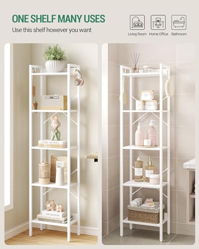 Hzuaneri Bookshelf, Book Shelf, Industrial Bookcase with 2 Hooks - color: White, size: 9.4"D x 15.7"W x 63"H