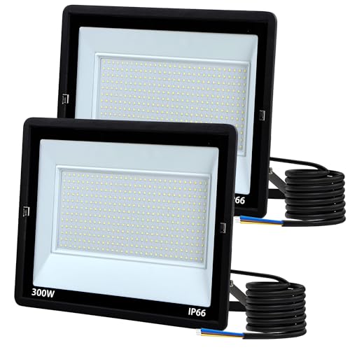 300W LED Flood Light Outdoor,Plug in Floodlight with ON/Off Switch High Power Commercial Work Light IP66 Waterproof Security Stadium Lights for Parking Lots Backyard Court Garden