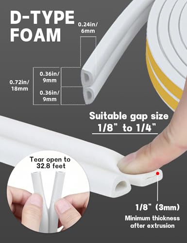 Weather Stripping Door Seal Strip,32.8 FT D Shaped Weatherstripping - color: White, size: S (3/8"W × 1/4“T)