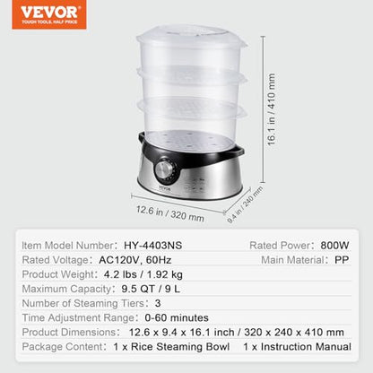 VEVOR Electric Food Steamer, 9.5Qt Electric Vegetable Steamer with 3-Tier Stackable Trays, Food-Grade Food Steamer for Cooking with 60 Min Timer, Auto Shut-Off & Boil Dry Protection (800W) - size: 9.5Qt