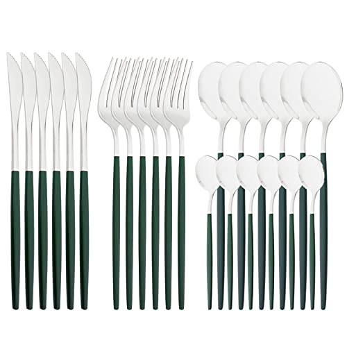 Mirror Cutlery Serving Set, 24-piece 18/0 Stainless Steel Silverware With Green Handle Simple & Modern Tableware For Home Party Restaurant Christmas Dinner, Service For 6 (Green Silver) - color: Green silver