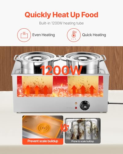 VEVOR Electric Soup Warmer, Two 6.34QT Stainless Steel Round Pot with 86~185°F Adjustable Temp, 1200W Commercial Bain Marie Compatible with Pans, Soup Station for Restaurant, Buffet - size: 2×6L Pots