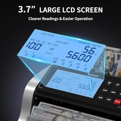 PONNOR Money Counter Machine with Value Count, UV/MG/IR/MT/DD Counterfeit Bill Detection, Dollar Euro Cash Counter with Count/Add/Batch/Auto Modes, External LCD Display