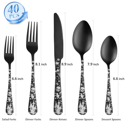 Skull Silverware Set SANLUNS 40 Piece Matte Black Unique Flatware Set for 8,Stainless Steel Fine Dining Utensils Spoons,Forks,Knife Pattern Tableware Durable Cutlery Halloween Home Kitchen,Dishwasher - color: Matte Black-Halloween/40picecs