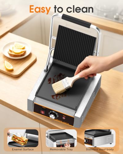 Commercial Panini Press - 1800W Electric Panini Sandwich Grill w/Nonstick Coating & Adjustable Temp, Panini Grill Press w/ 9"x9" Cooking Pan (Grooved Top & Flat Bottom), Double-sided Heating - style: 9"x9" Grooved top, flat bottom