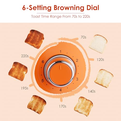 Roter Mond 2 Slice Toaster Retro Stainless Steel with Bagel, Cancel, and Defrost Functions, 6 Bread Shade Settings, Extra Wide Slots and Removable Crumb Tray, Orange - color: Orange