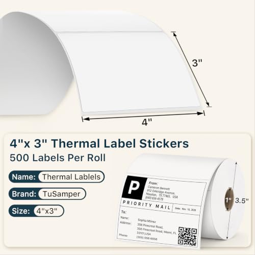 4" x 3" Thermal Labels, White, 500 Labels/Roll - color: White